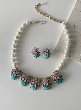 复古珍珠琉璃粉紫色花球项链 耳钉套装