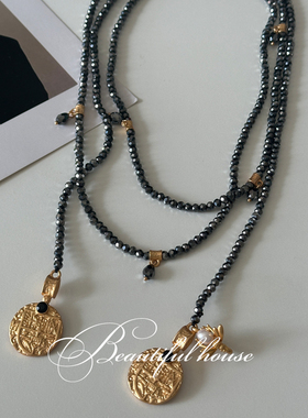 复古莱茵石手工金币长项链 ins风天然手工串珠多用项链吊坠锁骨链