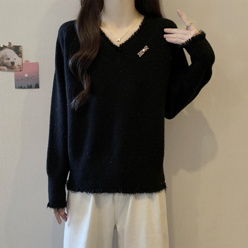 实拍 胖妹妹秋冬装大码女装V领毛衣显瘦宽松流苏边设计针织衫上衣