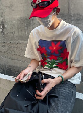 Addressunknown潮牌涂鸦花卉直喷印花宽松休闲圆领短袖T恤情侣