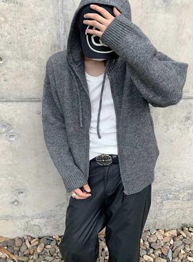 Addressunknown羊毛混纺拉链连帽针织开衫宽松慵懒风带帽毛衣外套
