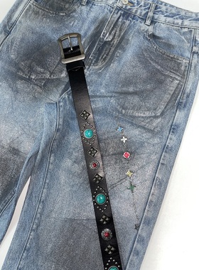 Addressunknown复古红蓝绿宝石镶嵌黑色皮带cleanfit银扣宽腰带