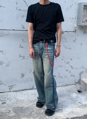 Addressunknown复古水洗cleanfit风落色侧边条杠直筒宽松牛仔长裤