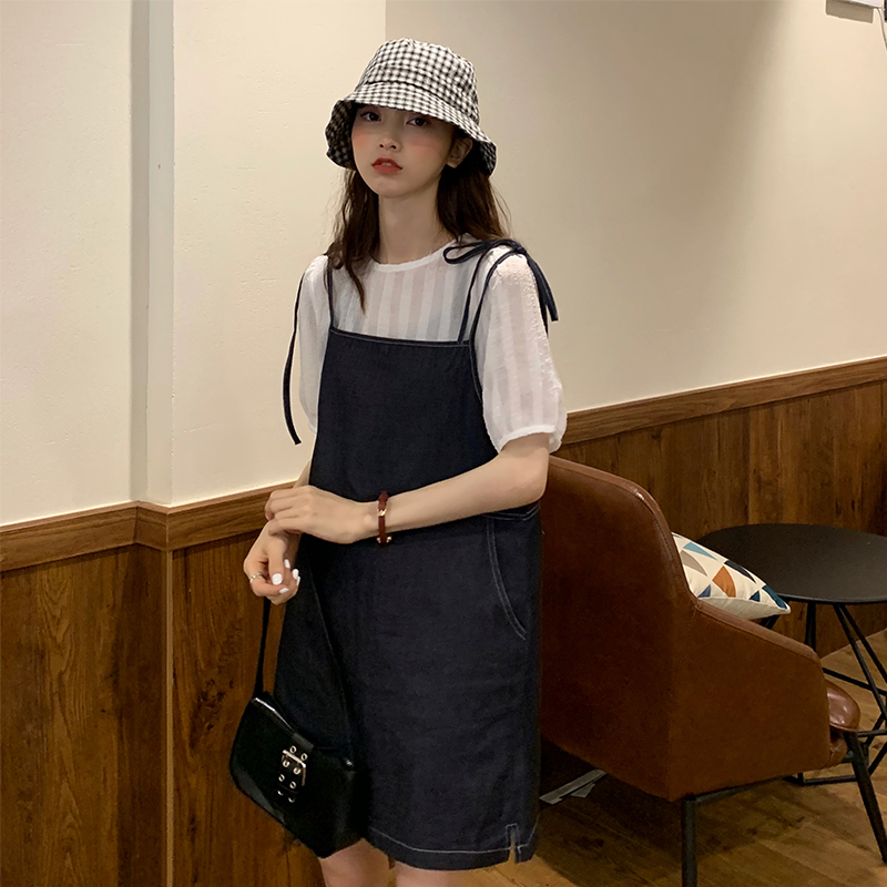 Real price ~ classic loose strap denim skirt + foam Chiffon Top