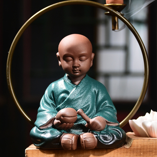 精品紫砂倒流香摆件 创意个性小和尚窑变绿红色达摩禅意香插家用