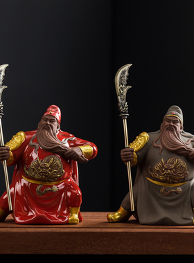 陶瓷桌面摆件茶宠三国关云长汽车