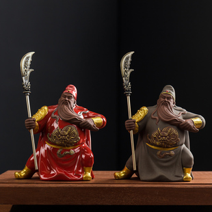 陶瓷关羽桌面摆件紫砂茶宠三国人物关云长手办汽车中控台车载摆件