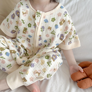 连体衣 儿童纯棉男童女童薄款 夏天宝宝防踢被短袖 睡袋婴儿纱布夏季