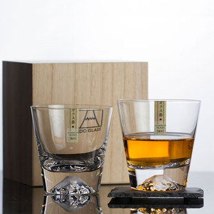 日式富士山杯威士忌杯东方江户硝子水杯樱花雪山中古复古水晶酒杯