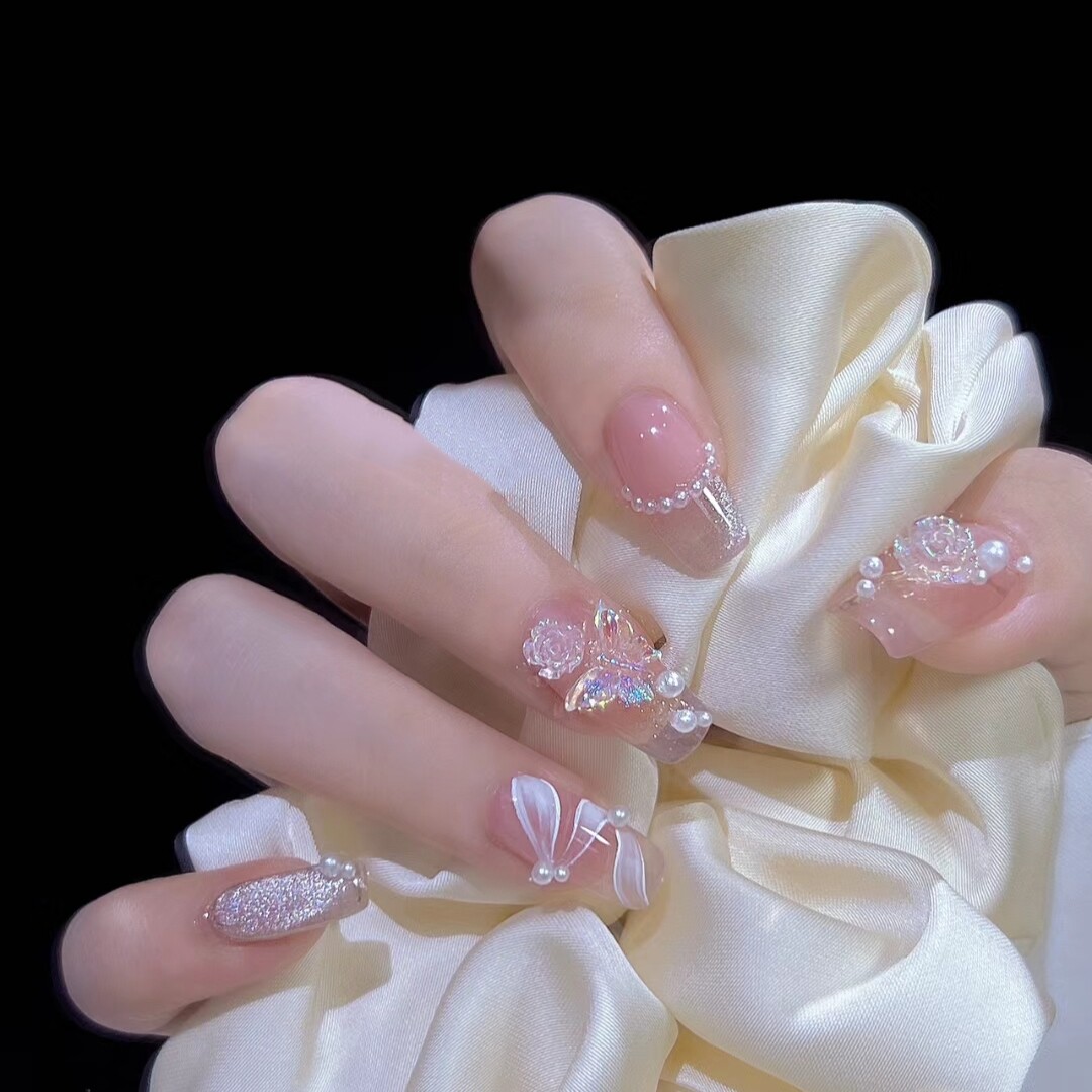 492手工穿戴甲定制仙女蝴蝶新娘微笑猫眼显白美甲成品假指甲片