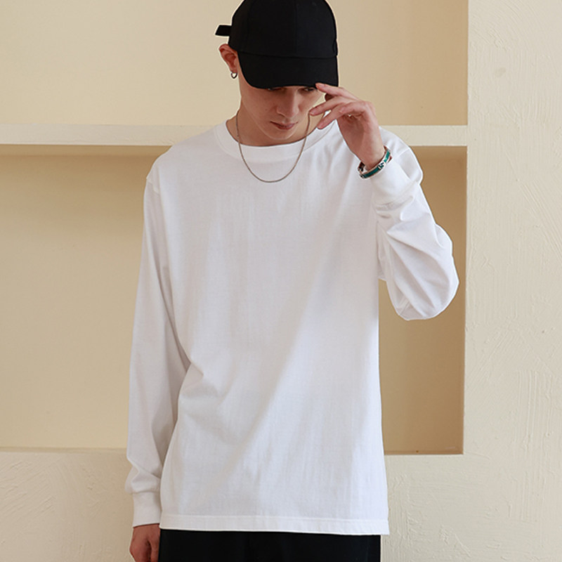 230g纯棉长袖t恤男纯白色内搭体恤宽松叠穿上衣春秋新款白色打底