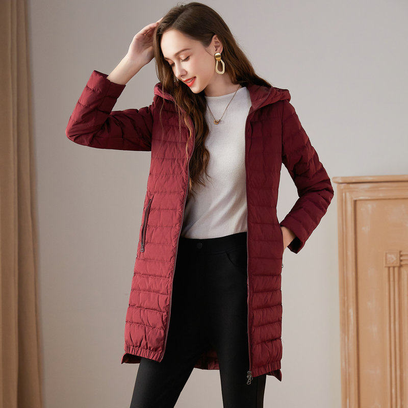 连帽轻薄羽绒服女中长款2025秋冬新款时尚修身显瘦保暖白鸭绒外套