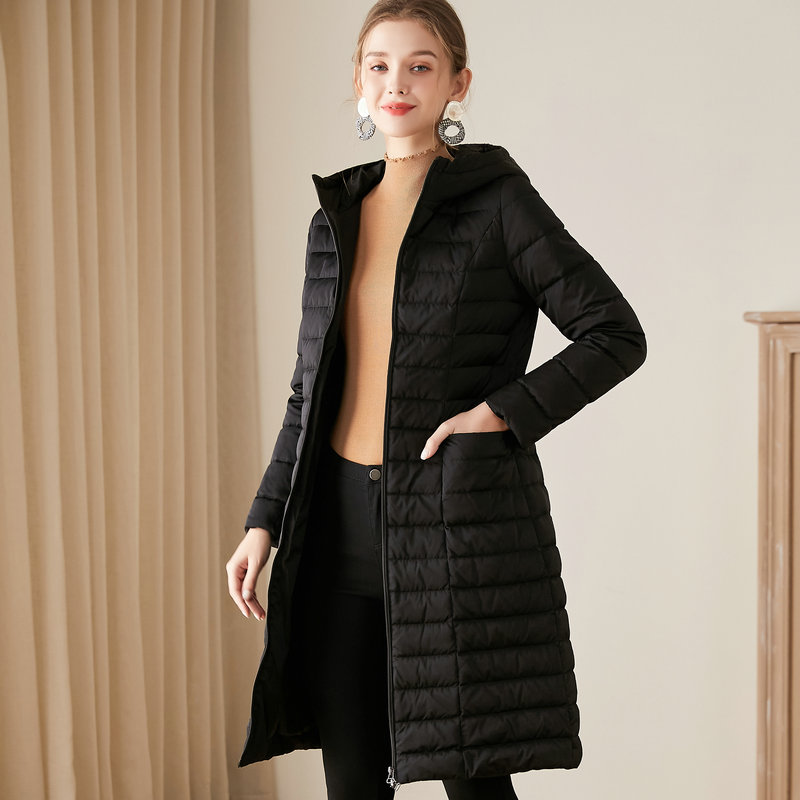 连帽轻薄羽绒服女中长款2025秋冬新款纯色修身显瘦保暖白鸭绒外套