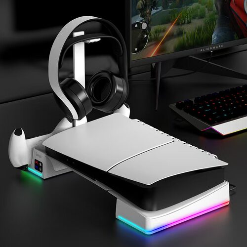 适用PS5slim主机支架带散热风扇兼容精英版手柄双座充耳机挂RGB灯