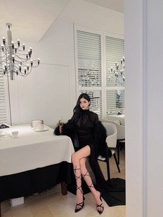 LOCK 连衣裙长裙 KK高级透视感女神分体拖地高领抽皱飘逸感套装