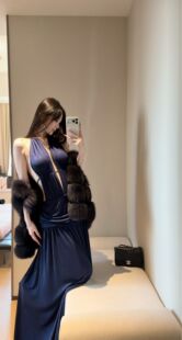 LOCK KK高级女神褶皱荡领挂脖露背系带连衣裙希腊度假长裙生日