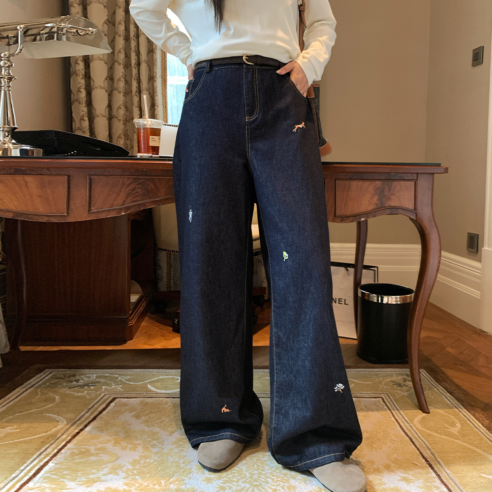 NAZ那子大码秋季高密卡通刺绣休闲长裤胖妹妹复古百搭阔腿牛仔裤