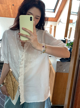 NAZ那子大码夏季100棉绣花花边镂空衬衫胖mm白色短袖气质拼接上衣