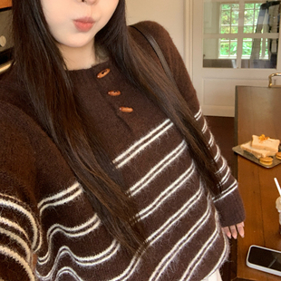 气质慵懒上衣女 胖mm时尚 NAZ那子大码 秋冬羊毛软糯条纹休闲针织衫