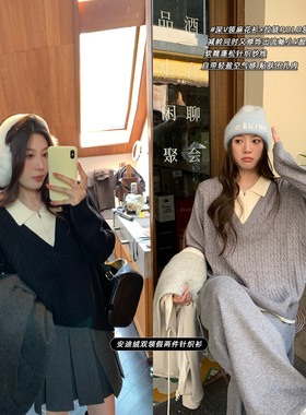 NAZ那子大码冬季安迪绒双领麻花衫POLO领假两件胖mm洋气女针织衫