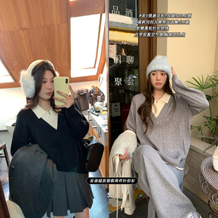 NAZ那子大码冬季安迪绒双领麻花衫POLO领假两件胖mm洋气女针织衫