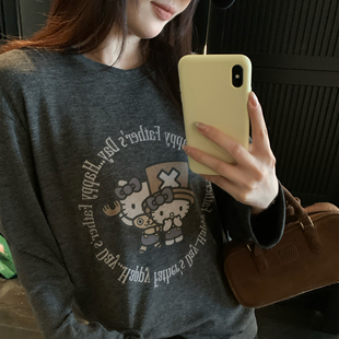 印花宽松百搭T恤 仿羊毛海贼kt糯感上衣胖mm长袖 NAZ那子大码 冬季