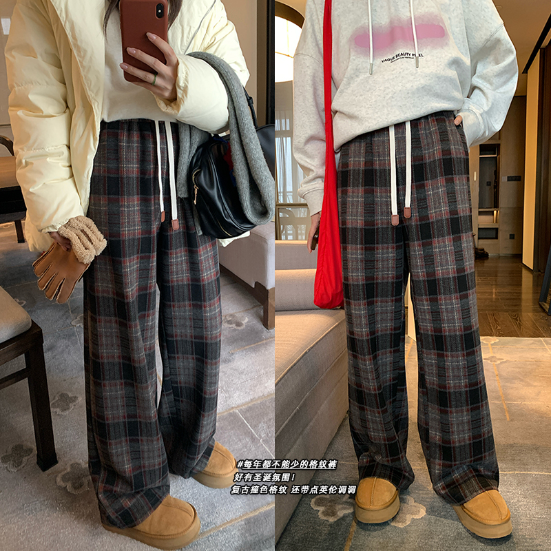 NAZ那子大码冬季新款复古气质格子休闲长裤胖mm女直筒显瘦阔腿裤