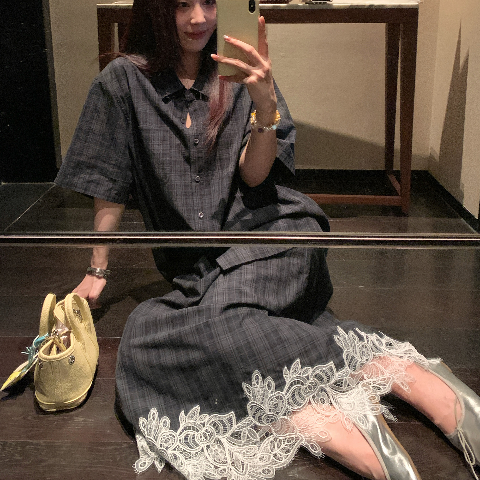 NAZ那子大码夏季全棉条纹拼接衬衫胖mm洋气蕾丝花边宽松显瘦套装