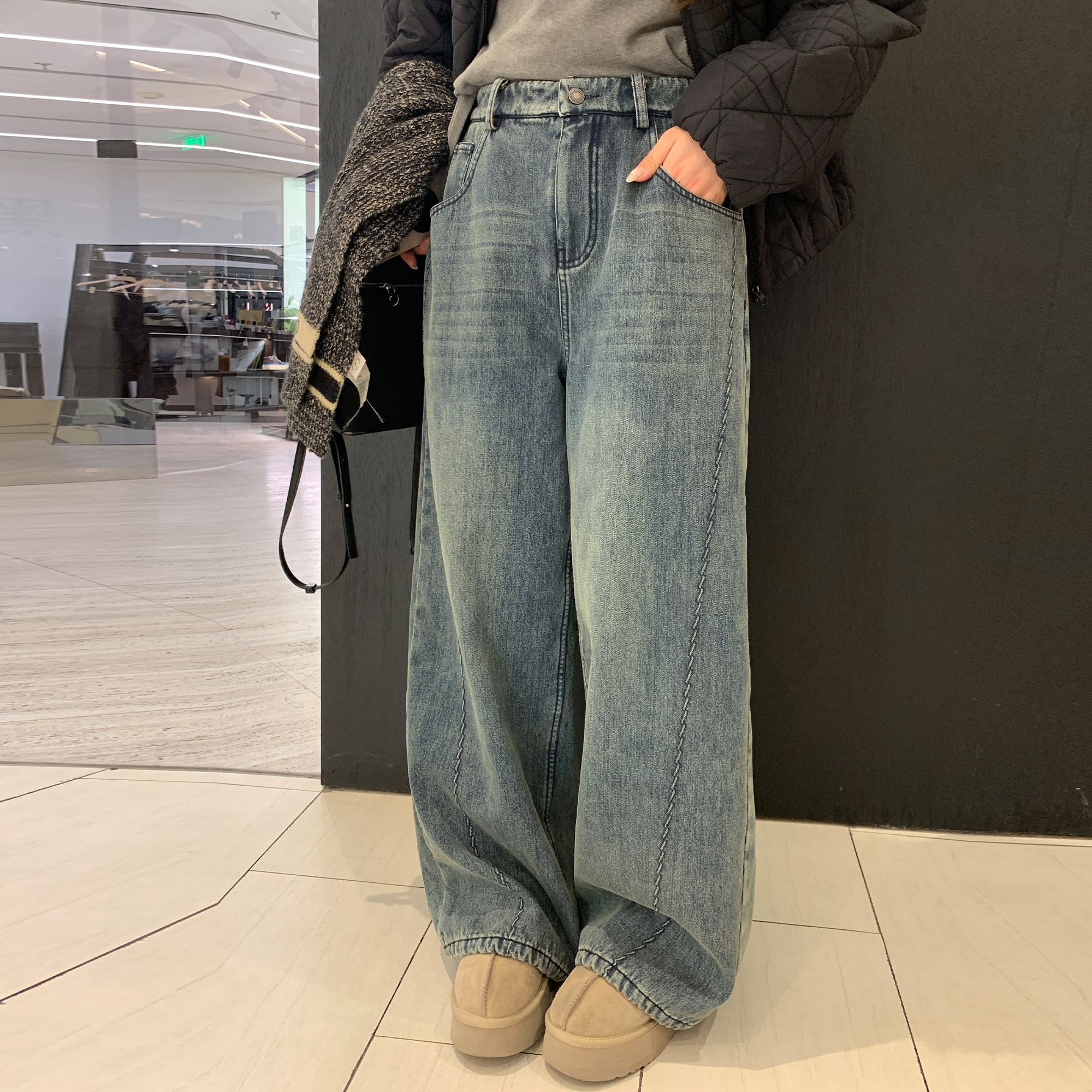 NAZ那子大码冬季斜纹水洗美式显瘦阔腿加绒牛仔裤胖mm复古阔腿裤,女装/女士精品,牛仔裤,淘宝优惠券,粉丝福利购,淘宝优惠卷