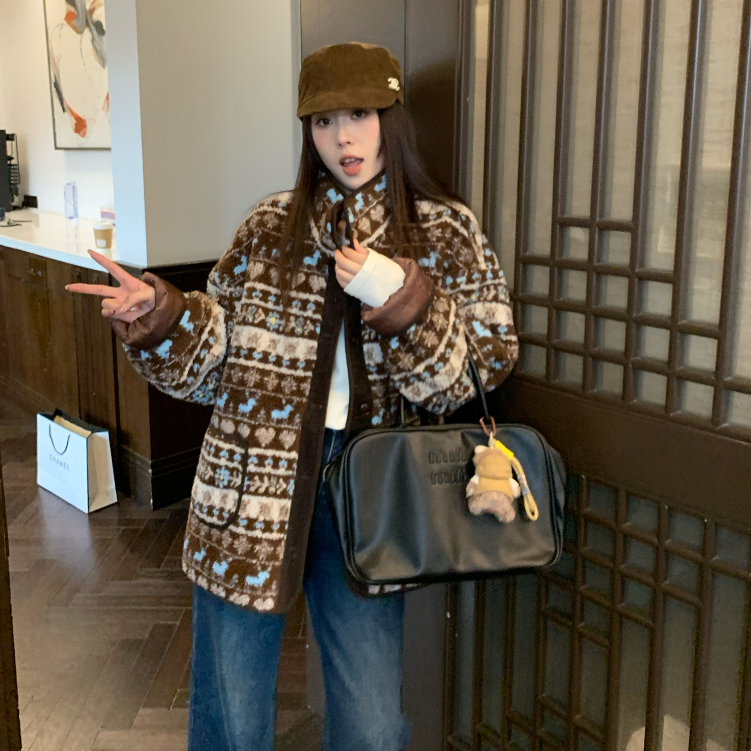 NAZ那子大码冬季费尔岛风颗粒羊羔毛翻领夹棉加厚胖mm保暖外套