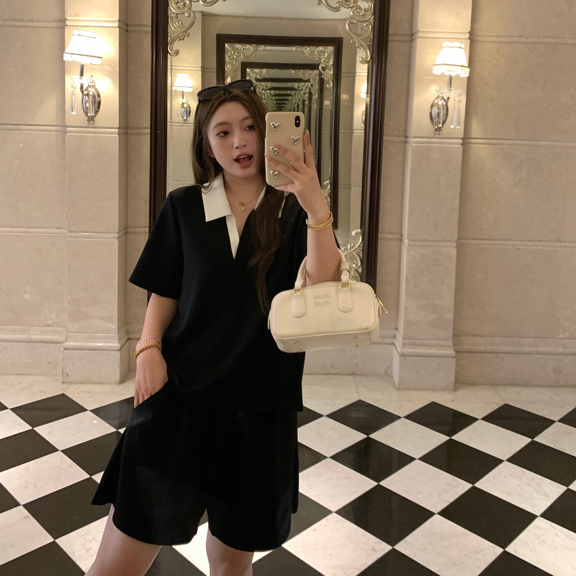 NAZ那子大码夏季250G人棉空气层撞色polo短袖T恤胖mm休闲短裤套装