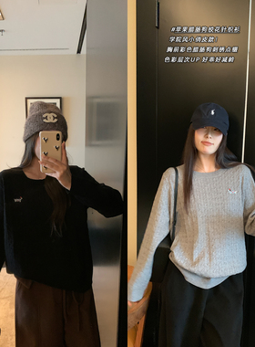 NAZ那子大码安迪绒苹果腊肠狗圆领扭条刺绣针织衫胖mm洋气上衣冬