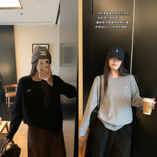 NAZ那子大码安迪绒苹果腊肠狗圆领扭条刺绣针织衫胖mm洋气上衣冬