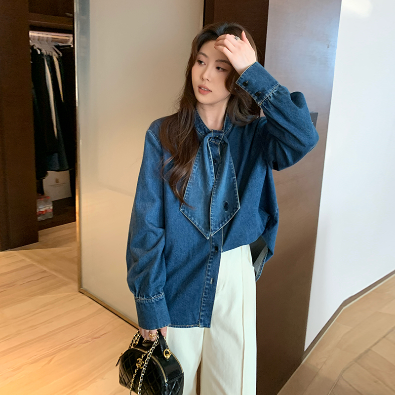 NAZ那子大码 高支高密牛仔棉秋季韩系蝴蝶结胖mm复古洋气牛仔衬衫