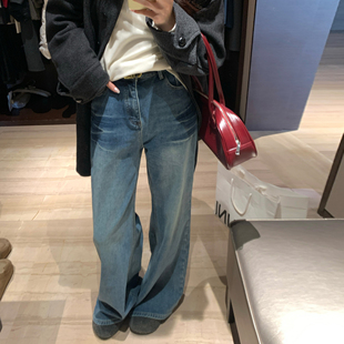 高棉高腰显瘦水洗牛仔直筒裤 闪电纹水洗薄绒微喇裤