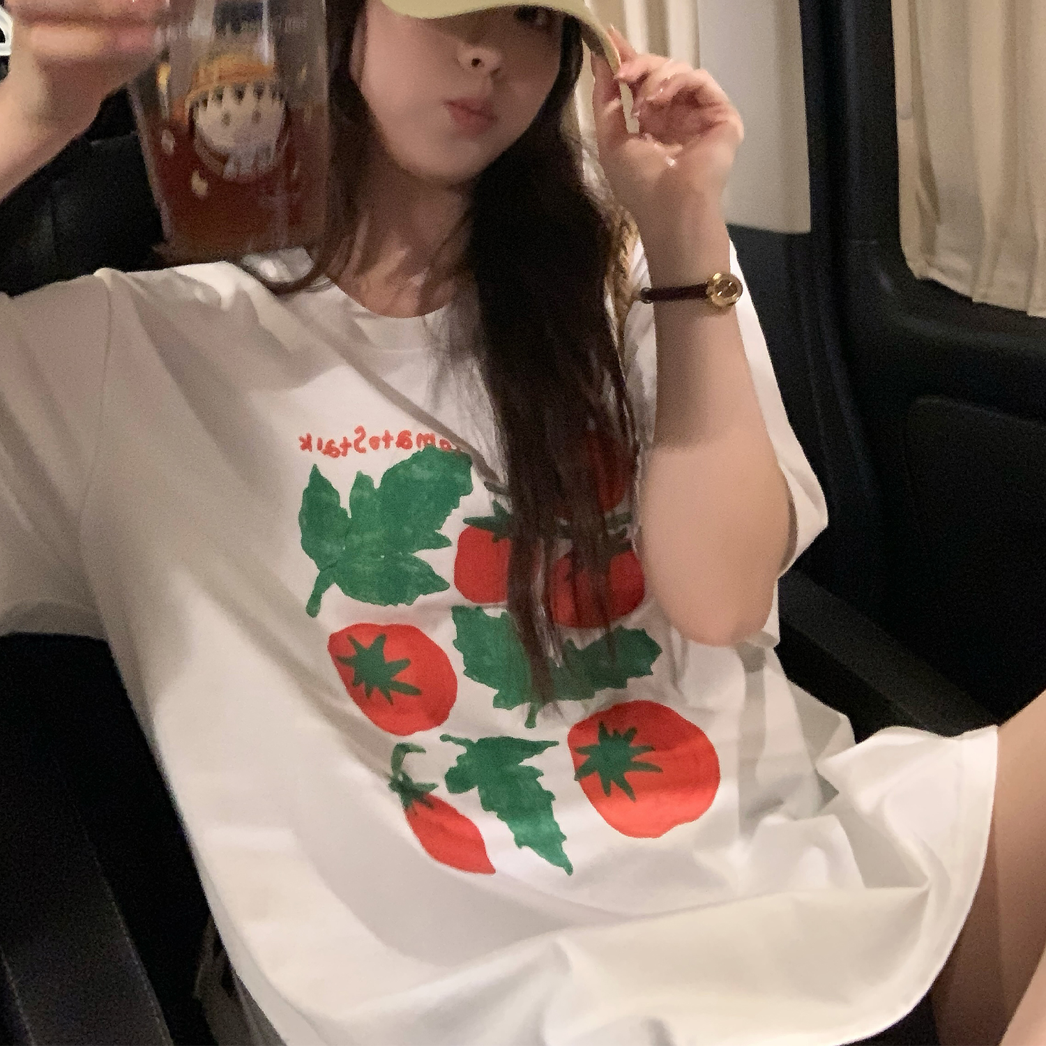 NAZ那子大码全棉爽滑撞色短袖上衣胖妹妹设计感西红柿印花宽松T恤