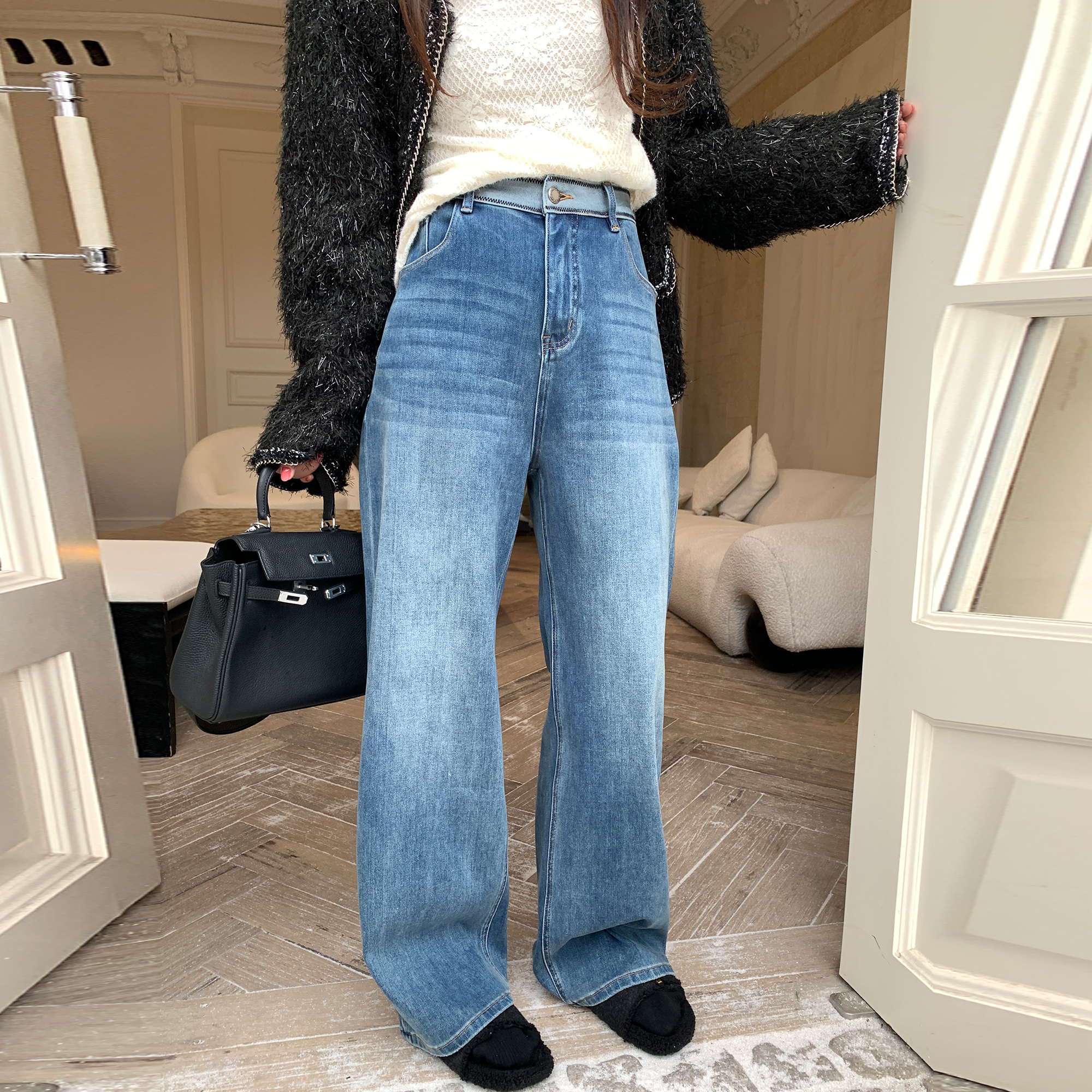 NAZ那子大码冬装莱赛尔棉波纹绣拼腰直筒裤胖mm复古宽松牛仔裤女