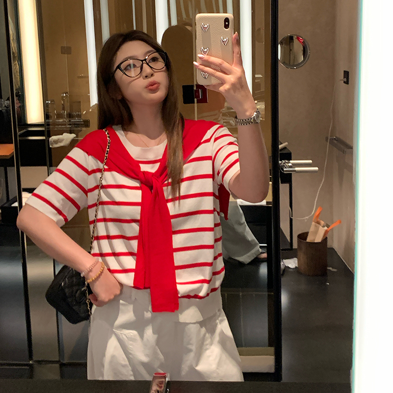 NAZ那子大码高弹丝仿亚麻披肩针织衫胖mm复古短袖条纹气质上衣女