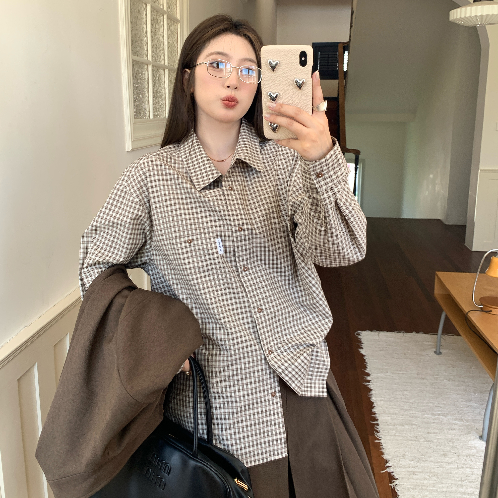 NAZ那子大码秋装精梳棉韩系复古格纹百搭衬衫胖mm宽松休闲上衣女