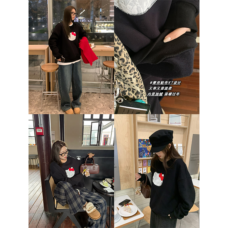 NAZ那子大码冬季元气卡通蕾丝贴布绣胖mm设计感洋气加绒减龄卫衣