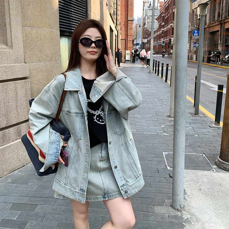 NAZ那子大码春季新款显瘦复古港风牛仔外套胖mm减龄半身裙套装女