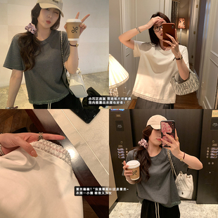 上衣 NAZ那子大码 夏装 新款 蕾丝花边纯色正肩T恤胖mm淑女洋气短袖