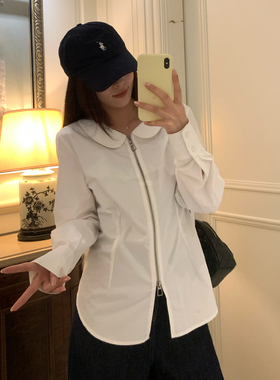 NAZ那子大码秋季全棉娃娃领拉链休闲衬衫胖mm洋气时尚白色上衣女