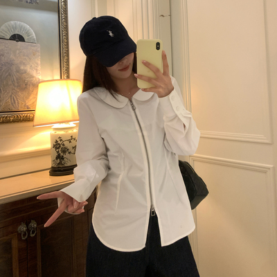 NAZ那子大码秋季全棉娃娃领拉链休闲衬衫胖mm洋气时尚白色上衣女