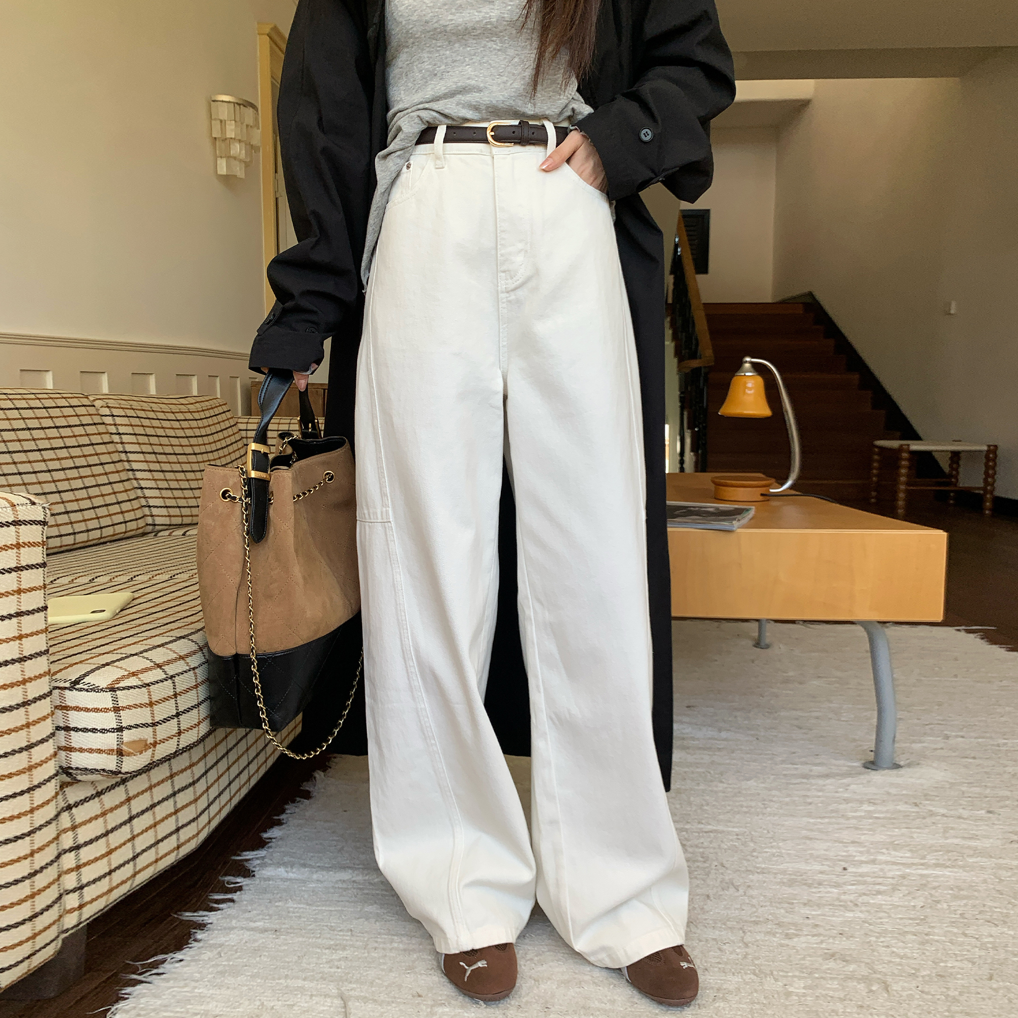 NAZ那子大码秋季全棉斜纹美式复古弯刀休闲裤胖mm显瘦百搭阔腿裤