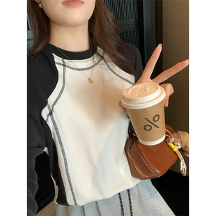 T恤 圆领撞色设计感拼接复古胖mm宽松休闲长袖 NAZ那子大码 秋冬新款