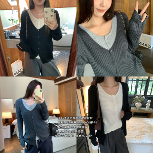 韩系假两件针织衫 NAZ那子大码 早秋45支羊毛撞色拼接上衣胖mm时尚