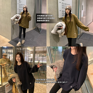 T恤女 羊毛莱赛尔混纺磨毛慵懒绣花胖mm休闲长袖 NAZ那子大码 冬季