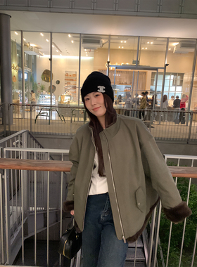 NAZ那子大码棉锦混纺韩系毛毛夹克胖mm设计感休闲双面保暖外套冬