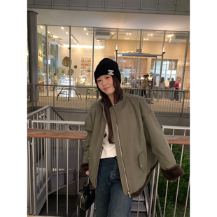 NAZ那子大码 棉锦混纺韩系毛毛夹克胖mm设计感休闲双面保暖外套冬